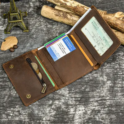 Genuine Crazy Horse Leather Trifold Wallet – Cowhide Short Wallet with Multi-Card Slots & Coin Pocket